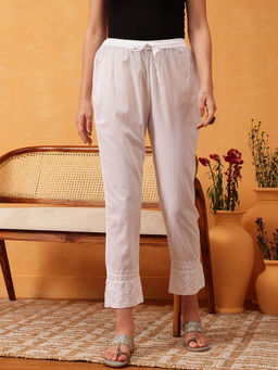 ADA - Hand Embroidered Lucknow Chikankari White Cotton Cigarette Pant