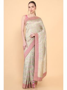 Soch - Women Green Silk Embroidered Saree with Unstitched Blouse