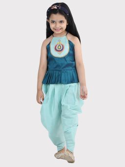BownBee - Hand Embroidered Grecian Neck Top Dhoti for Girls - Blue (Set of 2)