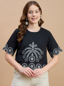 ZUMMER - Women Black Cotton Embroidered Regular Fit Tops