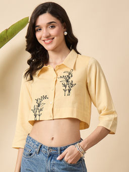 ZUMMER - Women Yellow Cotton Embroidered Regular Fit Tops