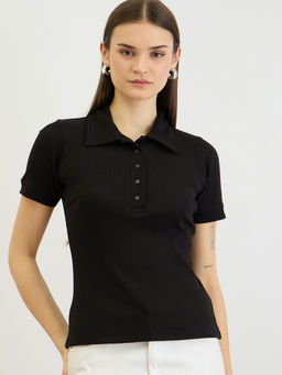 ZUMMER - Women Black Cotton Blend Textured Regular Fit Polo T-Shirt