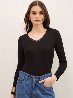 ZUMMER - Women Black Cotton Blend Textured Regular Fit Tops