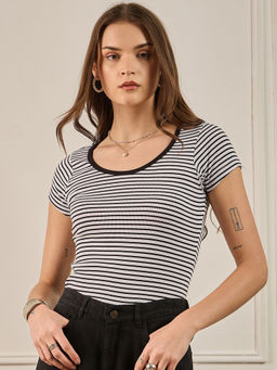 ZUMMER - Women Black Cotton Blend Stripes Regular Fit T-shirt