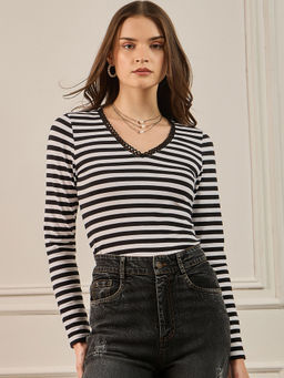 ZUMMER - Women Black Cotton Blend Stripes Regular Fit Tops