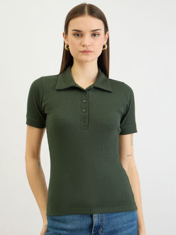 ZUMMER - Women Olive Cotton Blend Textured Regular Fit Polo T-Shirt