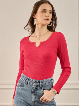 ZUMMER - Women Magenta Cotton Blend Textured Regular Fit Tops