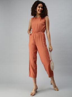 SHOWOFFFF - Women Brown Solid Round Neck Sleeveless Jumpsuit