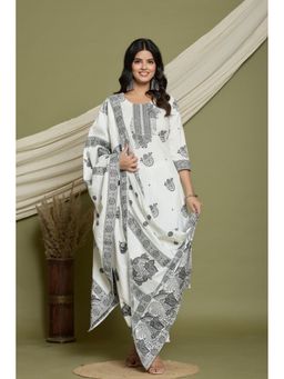 ADORNIA - White and Black Floral Print and Sequin Work Kurta with Pant and Dupatta