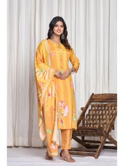 ADORNIA - Mustard and Yellow Floral Print and Embroidered Kurta with Pant and Dupatta