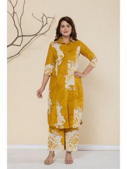 ADORNIA - Mustard Floral Printed Embroidered Neck Line Kurta With Pant