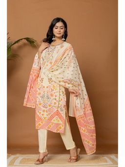 ADORNIA - Cream And Pink Floral Printed Sequins Embroidered Kurta With Pant And Dupatta