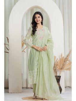 ADORNIA - Green And Pink Floral Embroidered Kurta And Pant With Dupatta