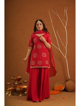 ONEWE INDIA - Libaas Red Muslin Zari Work Kurta With Sharara And Dupatta