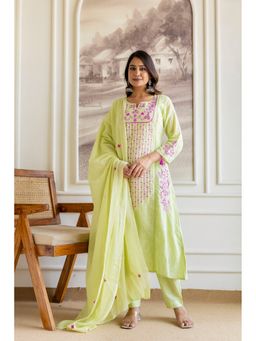 Roohaniyat - Women Lime Green And Pink Embroidered Kurta With Pant And Dupatta