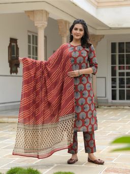 ARAMYA - Red Women Soft Cotton Straight Printed Kurta with Palazzo and Dupatta