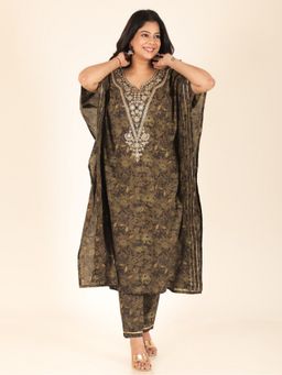 ARAMYA - Green Women Soft Cotton Floral Print Kaftan with Pant