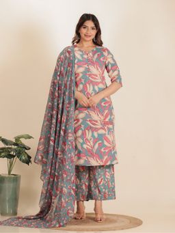 ARAMYA - Blue Women Soft Cotton A-Line Floral Print Kurta with Palazzo and Dupatta