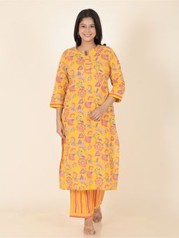 ARAMYA - Yellow Women Soft Cotton Straight Floral Print Kurta with Pant