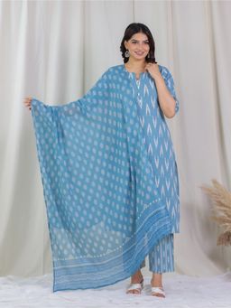 ARAMYA - Blue Women Kantha Cotton A-Line Ikat Print Kurta with Pant and Dupatta