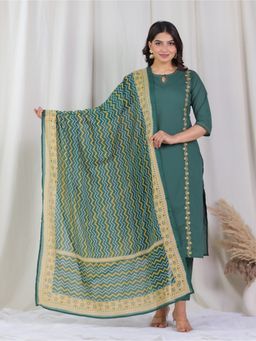 ARAMYA - Green Women Soft Cotton Straight Embroidered Kurta with Pant and Dupatta
