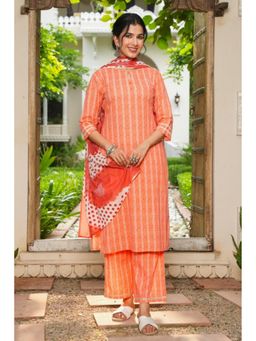 ARAMYA - Orange Women Soft Cotton Straight Striped Print Kurta with Pant and Dupatta