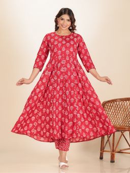 ARAMYA - Red Women Soft Cotton Flared Floral Print Kurta with Pant