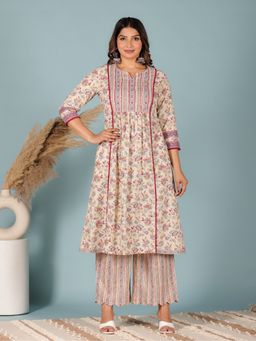 ARAMYA - Cream Women Soft Cotton Panelled Floral Print Kurta with Palazzo
