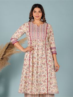 ARAMYA - Cream Soft Cotton Panelled Floral Print Office Wear Women Kurta