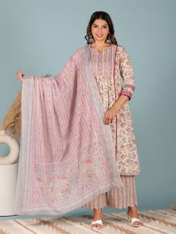 ARAMYA - Cream Women Soft Cotton Panelled Floral Print Kurta with Palazzo and Dupatta