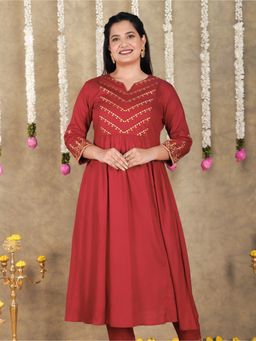 ARAMYA - Maroon Viscose Panelled Embroidered Women Kurta