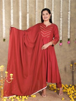 ARAMYA - Maroon Women Viscose Panelled Embroidered Kurta with Pant and Dupatta