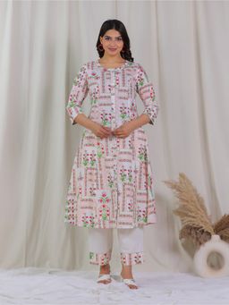 ARAMYA - Off White Women Soft Cotton A-Line Floral Print Kurta with Pant