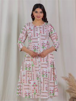 ARAMYA - Off White Soft Cotton A-Line Floral Print Women Kurta