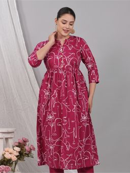 ARAMYA - Pink Soft Cotton Flared Floral Printed Women Kurta