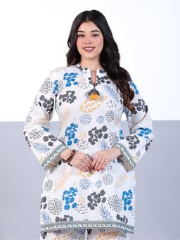 ARAMYA - White Soft Cotton Floral Print Women Kurta