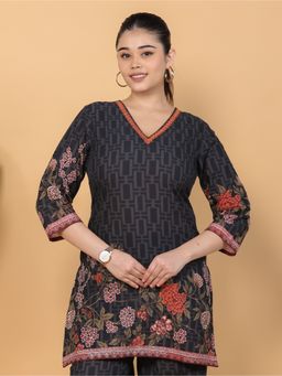 ARAMYA - Black Soft Cotton Straight Placement Print Women Kurta