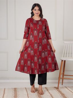 ARAMYA - Rust Women Soft Cotton A-Line Mughal Print Kurta with Pant