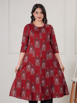ARAMYA - Rust Soft Cotton A-Line Mughal Print Women Kurta