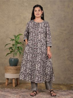 ARAMYA - Brown Women Soft Cotton A-Line Floral Print Kurta with Pant