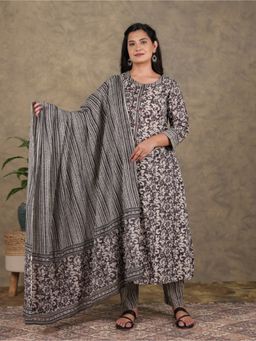 ARAMYA - Brown Women Soft Cotton A-Line Floral Print Kurta with Pant and Dupatta