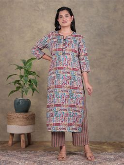 ARAMYA - Multi-Color Women Soft Cotton Straight Patchwork Print Kurta with Pant