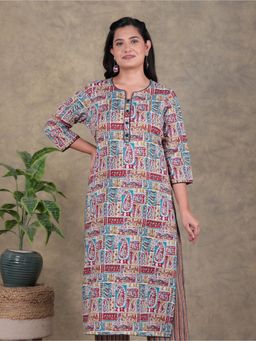 ARAMYA - Multi-Color Soft Cotton Straight Patchwork Paisley Print Women Kurta