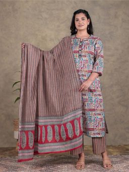 ARAMYA - Multi-Color Women Soft Cotton Straight Patchwork Print Kurta with Pant and Dupatta