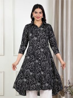 ARAMYA - Black Soft Cotton High Low Floral Print Women Kurta