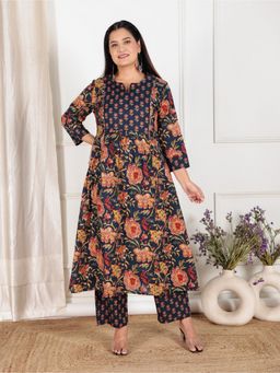 ARAMYA - Navy Blue Women Soft Cotton Panelled Floral Print Kurta with Pant