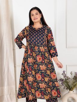 ARAMYA - Blue Soft Cotton Panelled Floral Print Women Kurta