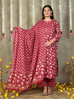 ARAMYA - Red Women Soft Cotton Straight Floral Print Kurta with Pant and Dupatta