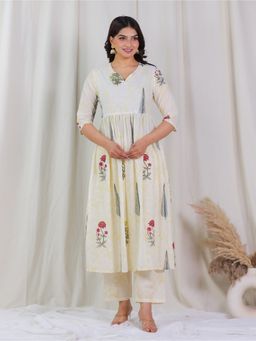 ARAMYA - Cream Women Soft Cotton Floral Print Kurta with Pant