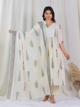 ARAMYA - Cream Women Soft Cotton Floral Print Kurta with Pant and Dupatta